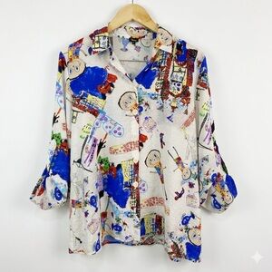 VTG Shana XL Art To Wear Button Down Shirt Kidcore Child Drawing Print Roll Tab